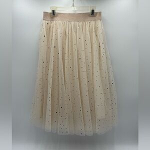 EleStory Star Moon Tulle Midi‎ Skirt Champagne Gold Elastic Waist Small